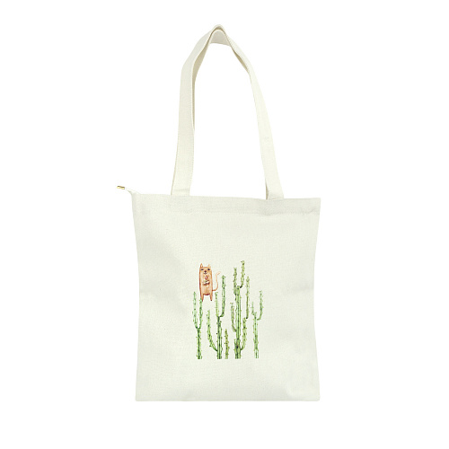 Эко-сумка шоппер с принтом, св.бежевая "Кот и кактус"