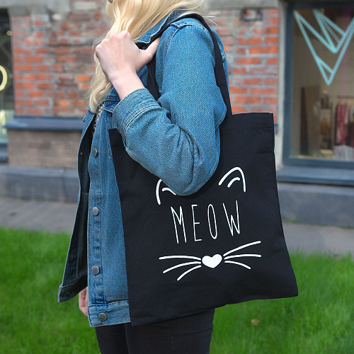 Эко-сумка шоппер с принтом "Meow" (черная)